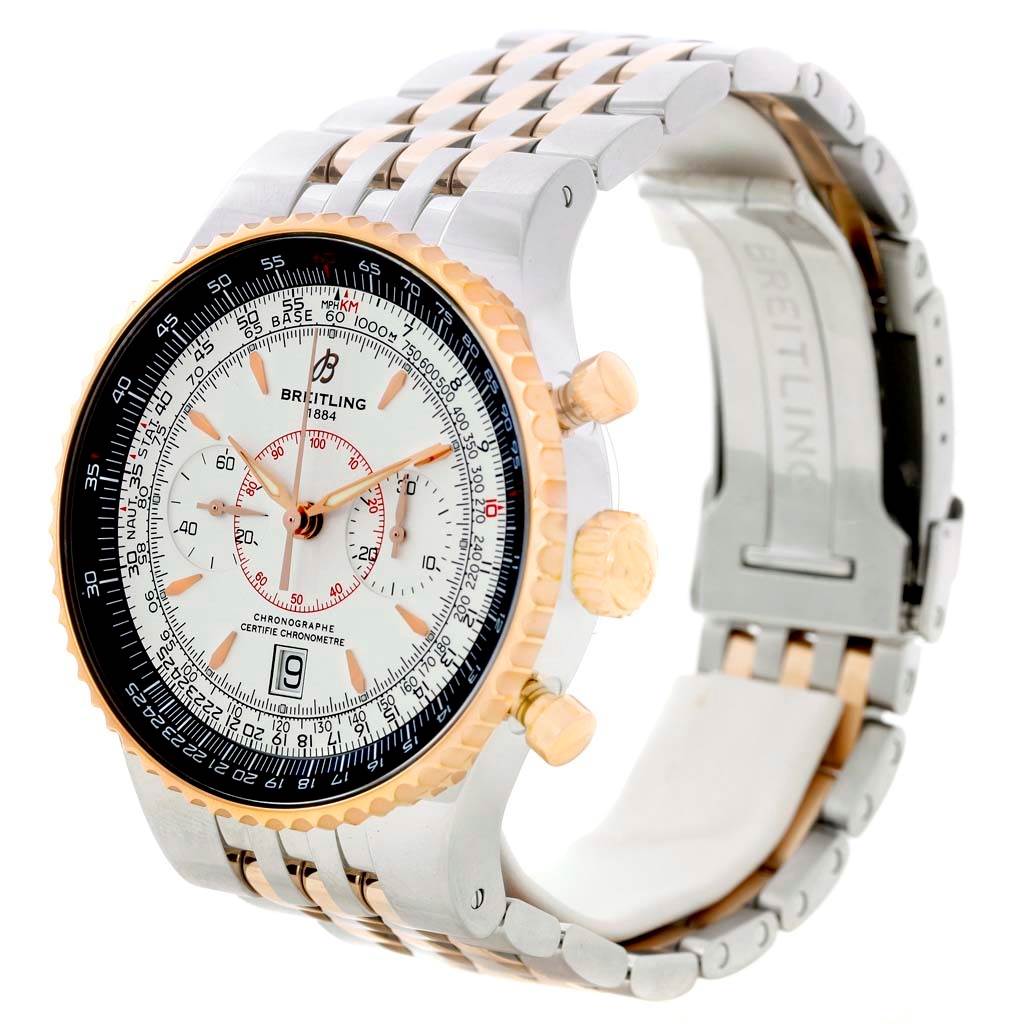 The Breitling Navitimer C23340 Men's Steel and Gold (two tone) Silver Dial C23340 Men's Steel and Gold (two tone) Silver Dial watch is shown at an angle, highlighting the face, bezel, crown, and bracelet.