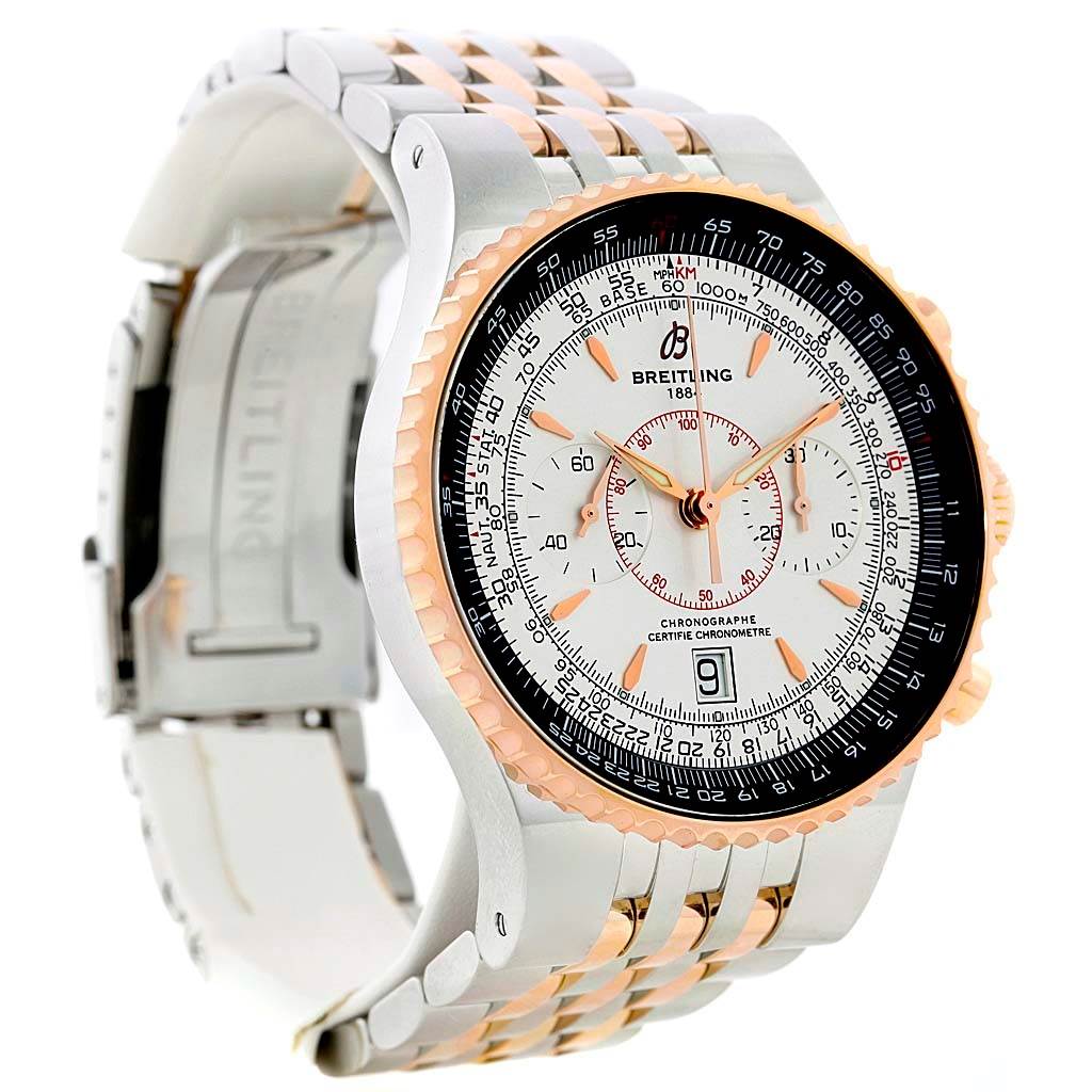 The image shows a Breitling Navitimer C23340 Men's Steel and Gold (two tone) Silver Dial C23340 Men's Steel and Gold (two tone) Silver Dial watch in a slight side angle, highlighting the dial, bezel, and metal bracelet.