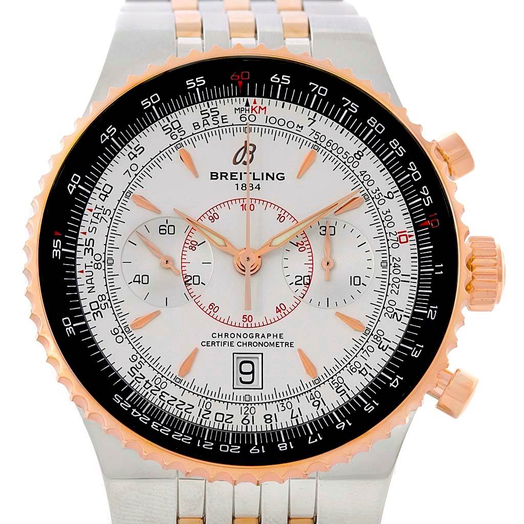 The image shows a front view of the Breitling Navitimer C23340 Men's Steel and Gold (two tone) Silver Dial C23340 Men's Steel and Gold (two tone) Silver Dial watch, highlighting its face, bezel, and part of the bracelet.