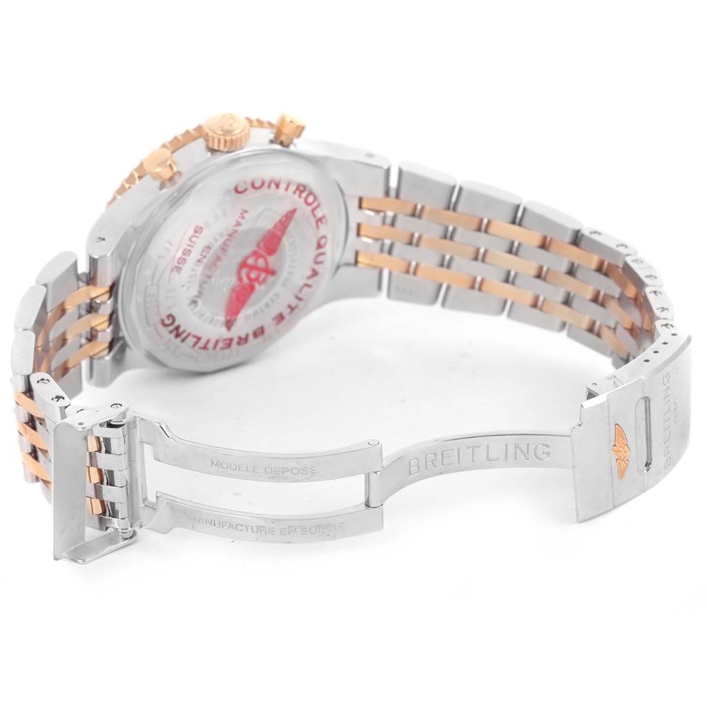 This image shows the back and bracelet clasp of the Breitling Navitimer C23340 Men's Steel and Gold (two tone) Silver Dial C23340 Men's Steel and Gold (two tone) Silver Dial watch at an angle.