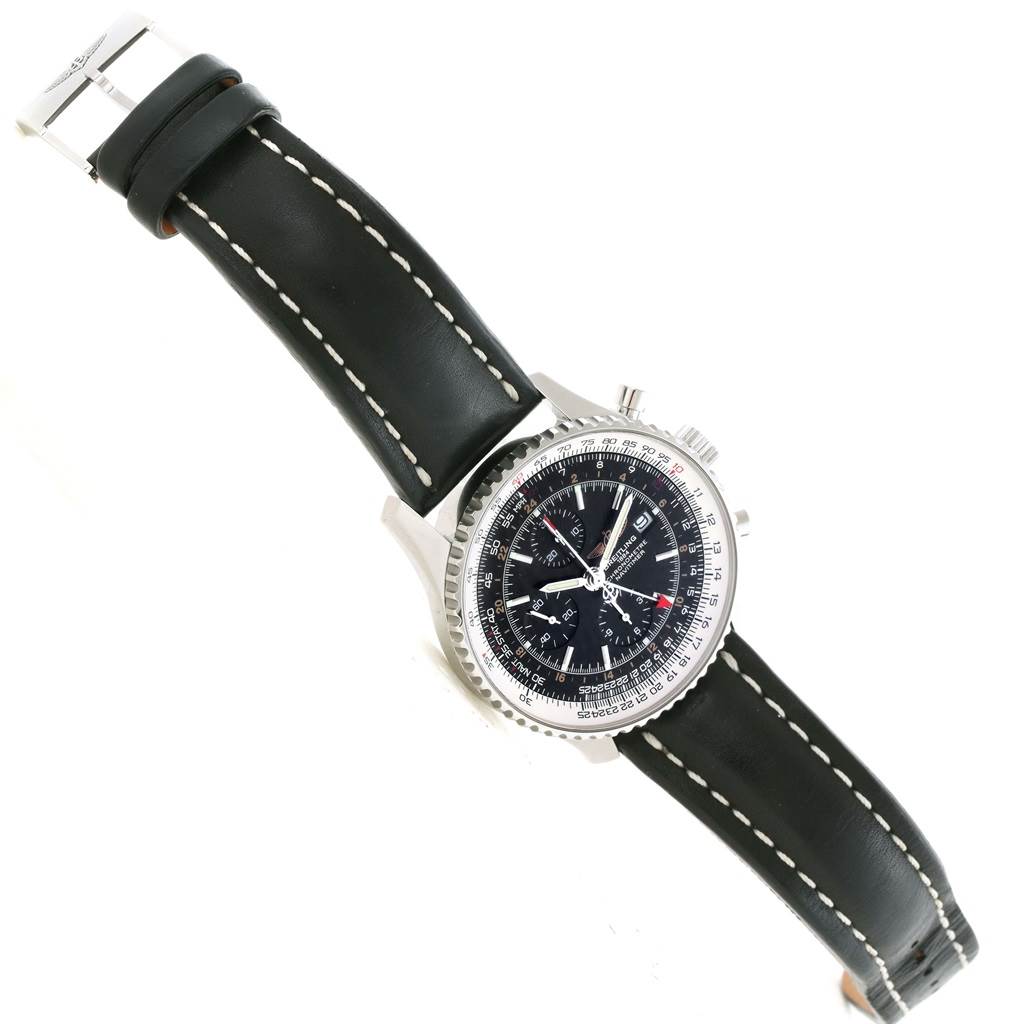 The Breitling Navitimer A24322 Men's Stainless Steel Black Dial A24322 Men's Stainless Steel Black Dial watch is shown at an angle, featuring its leather strap, bezel, chronograph dials, and hands.