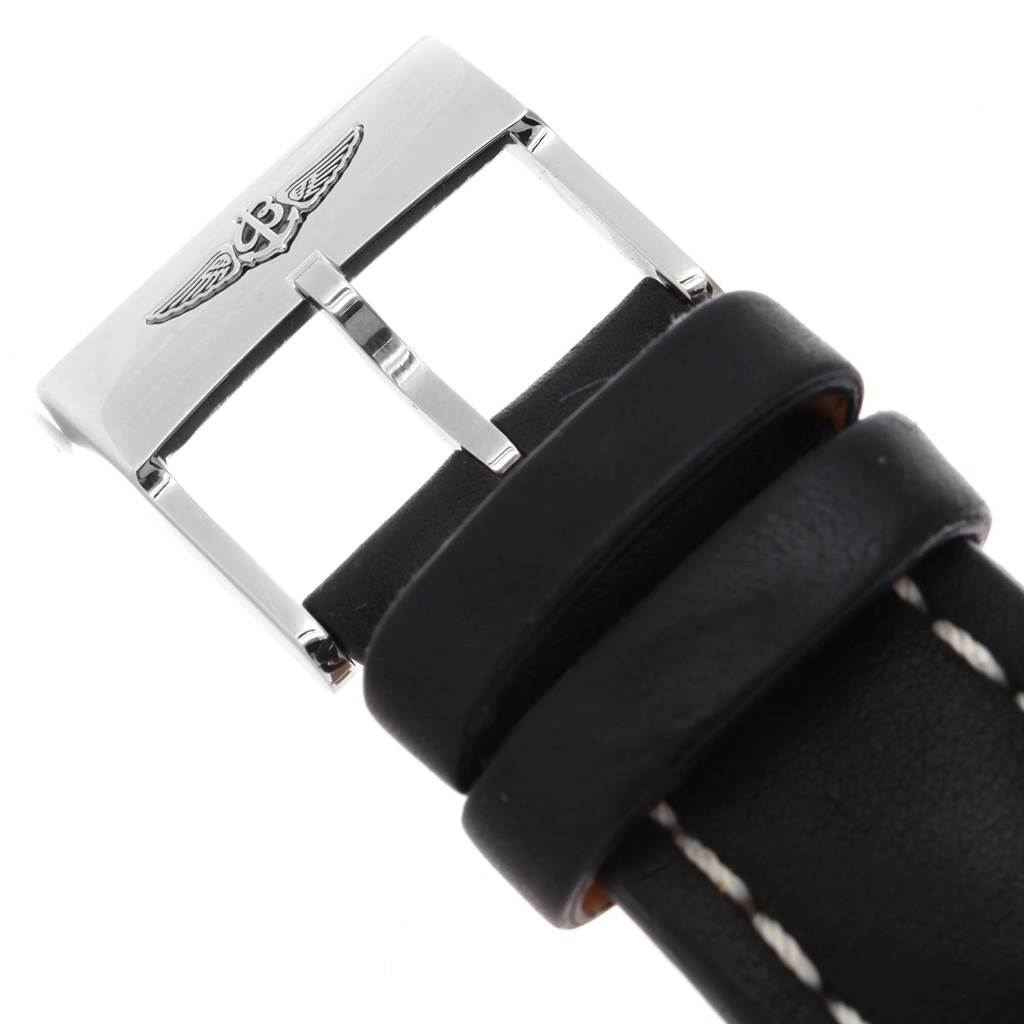 The image shows a close-up of the leather strap and stainless steel buckle of a Breitling Navitimer A24322 Men's Stainless Steel Black Dial A24322 Men's Stainless Steel Black Dial watch.