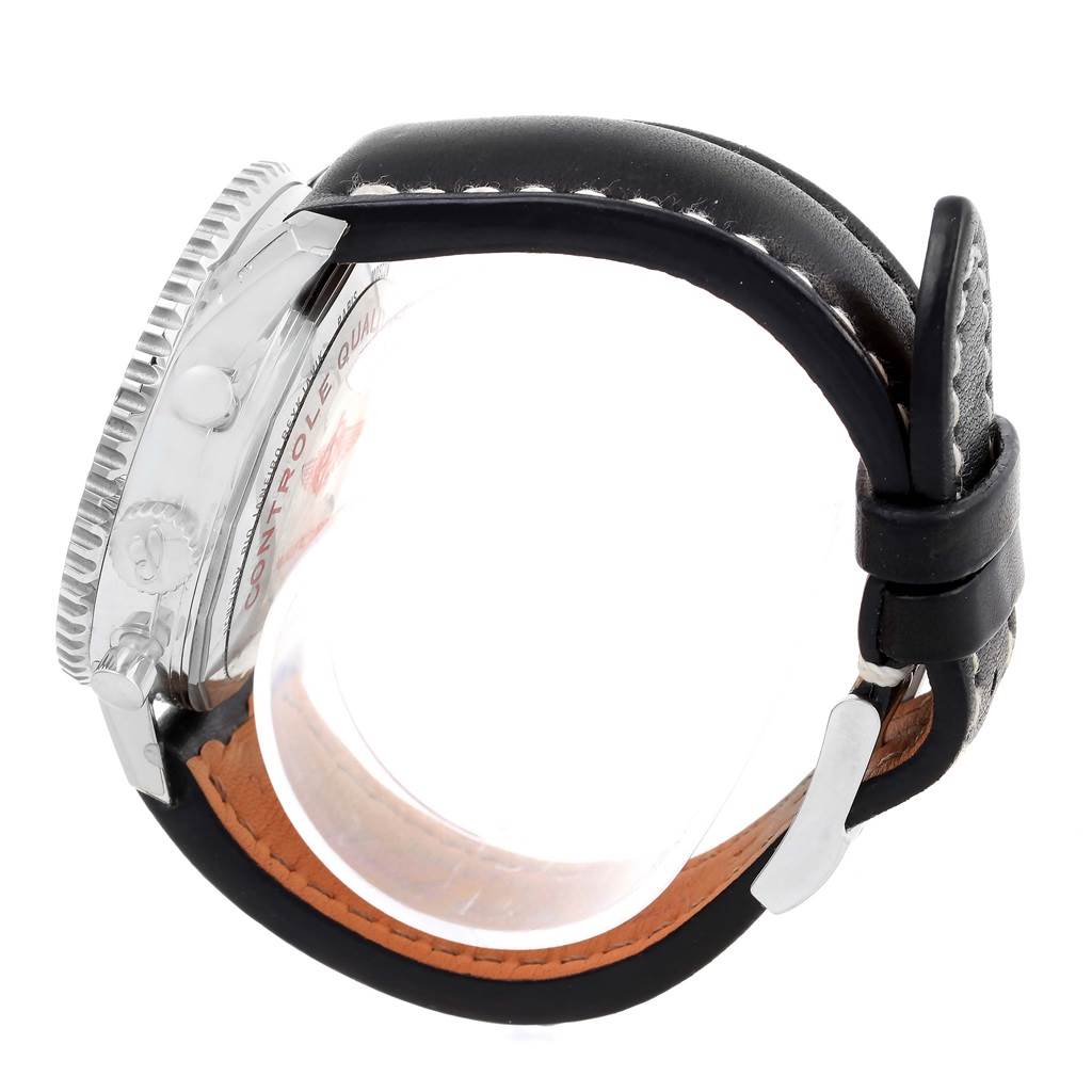 The image shows a side view of the Breitling Navitimer A24322 Men's Stainless Steel Black Dial A24322 Men's Stainless Steel Black Dial watch, highlighting its case, bezel, crown, and black leather strap.