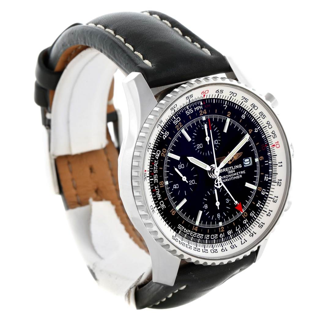 The image shows a Breitling Navitimer A24322 Men's Stainless Steel Black Dial A24322 Men's Stainless Steel Black Dial watch at a front-left angle, highlighting the bezel, dial, and black leather strap.