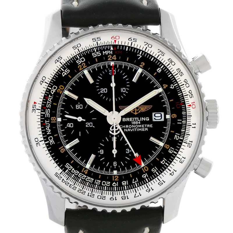 Breitling Navitimer World GMT Steel Black Dial Watch A24322 Year 2013 SwissWatchExpo