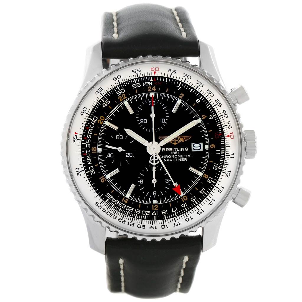 The Breitling Navitimer A24322 Men's Stainless Steel Black Dial A24322 Men's Stainless Steel Black Dial watch is shown from a front angle, displaying the dial, bezel, pushers, and leather strap.