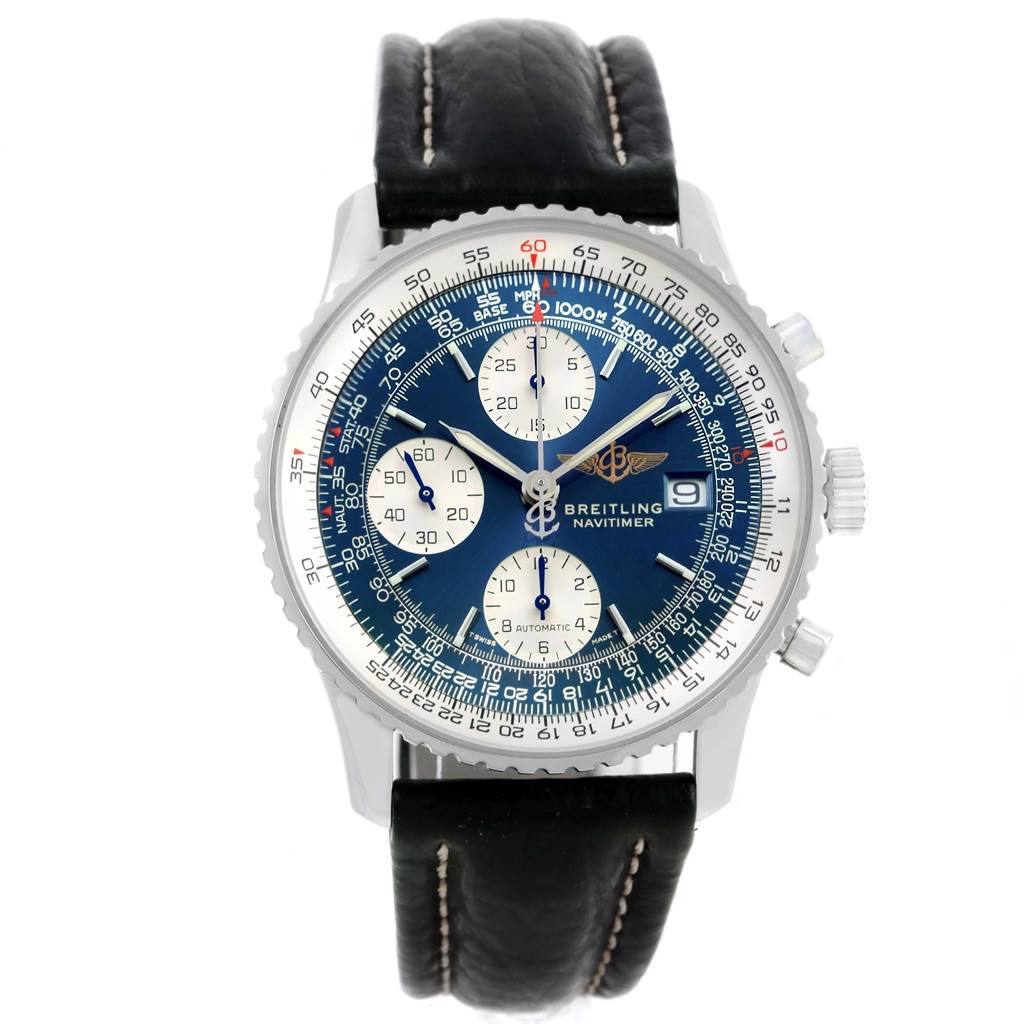 The Breitling Navitimer A13322 Men's Stainless Steel Blue Dial A13322 Men's Stainless Steel Blue Dial watch is shown from a front view, displaying its dial, chronograph subdials, and leather strap.