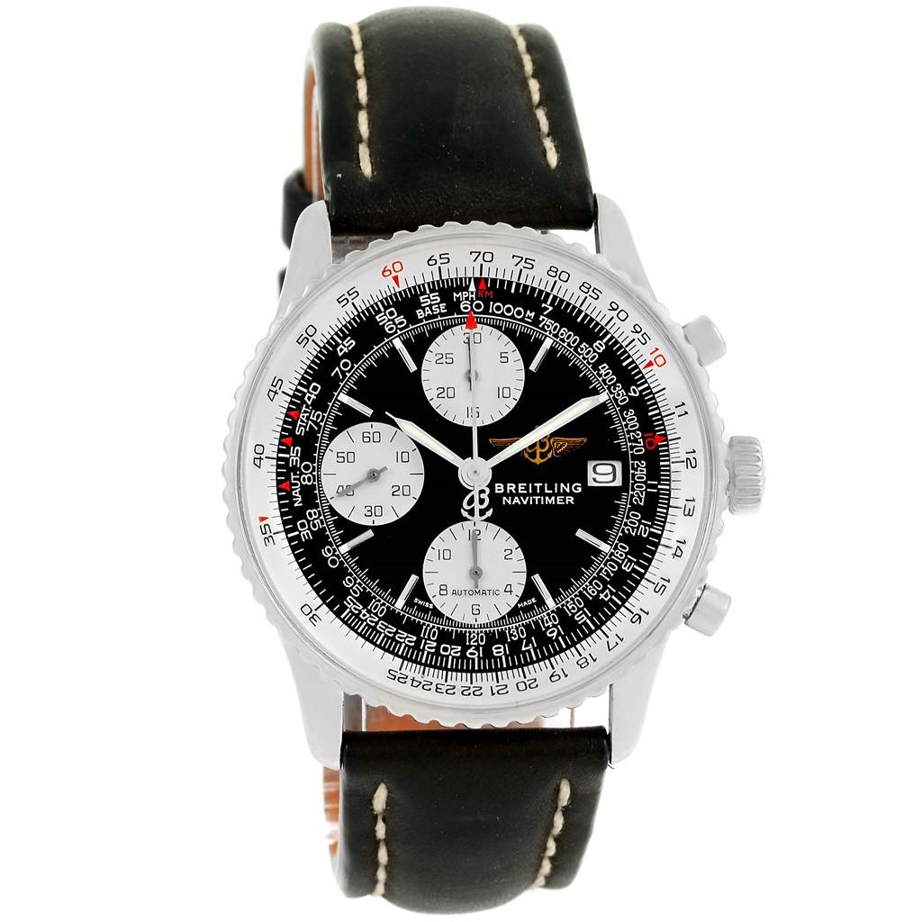 This is a front-angle view of the Breitling Navitimer A13322 Men's Stainless Steel Black Dial A13322 Men's Stainless Steel Black Dial watch, displaying its dial, bezel, and strap.