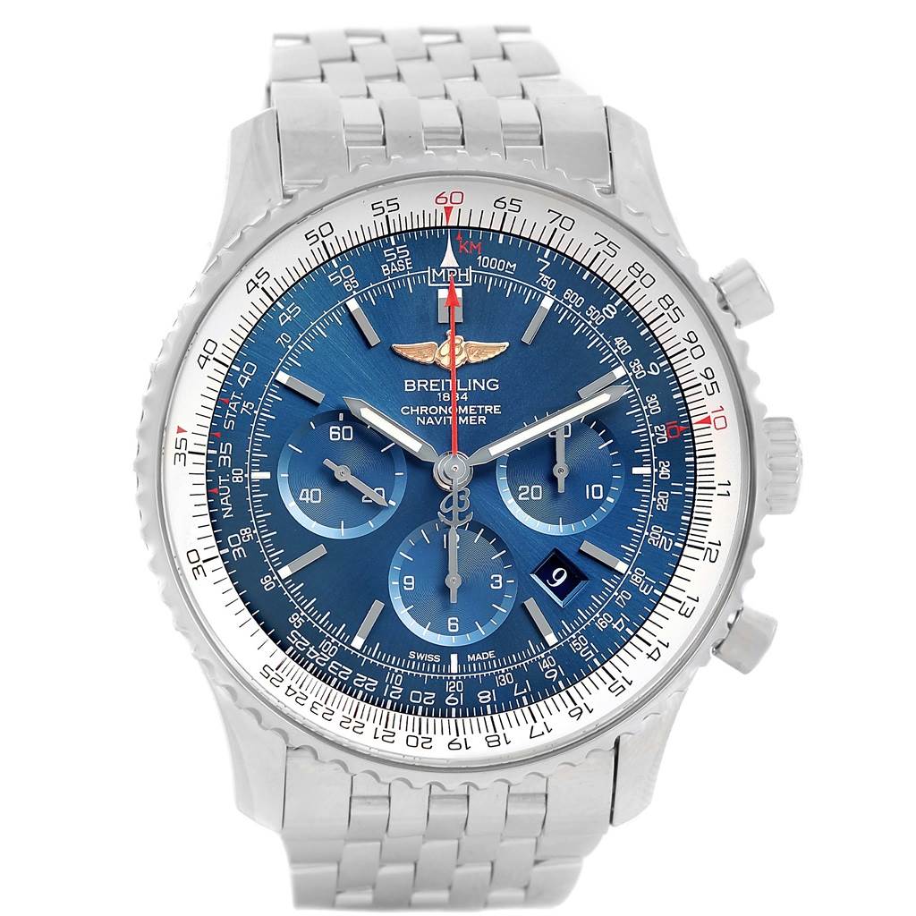 The image shows a front view of the Breitling Navitimer AB012721-C889SS Men's Stainless Steel Blue Dial AB012721-C889SS Men's Stainless Steel Blue Dial watch, highlighting its blue dial, chronograph sub-dials, date display, and stainless steel bracelet.