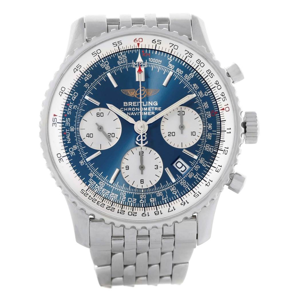 The image shows a front view of a Breitling Navitimer A23322 Men's Stainless Steel Blue Dial A23322 Men's Stainless Steel Blue Dial watch, displaying the blue dial, subdials, bezel, and metal bracelet.