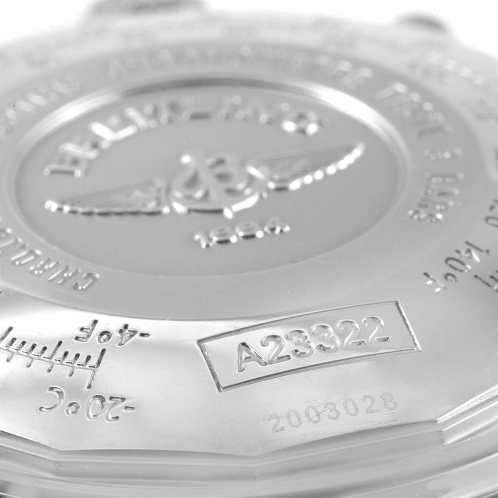 The image shows the back case of a Breitling Navitimer A23322 Men's Stainless Steel Blue Dial A23322 Men's Stainless Steel Blue Dial watch, highlighting the model number and embossed logo.