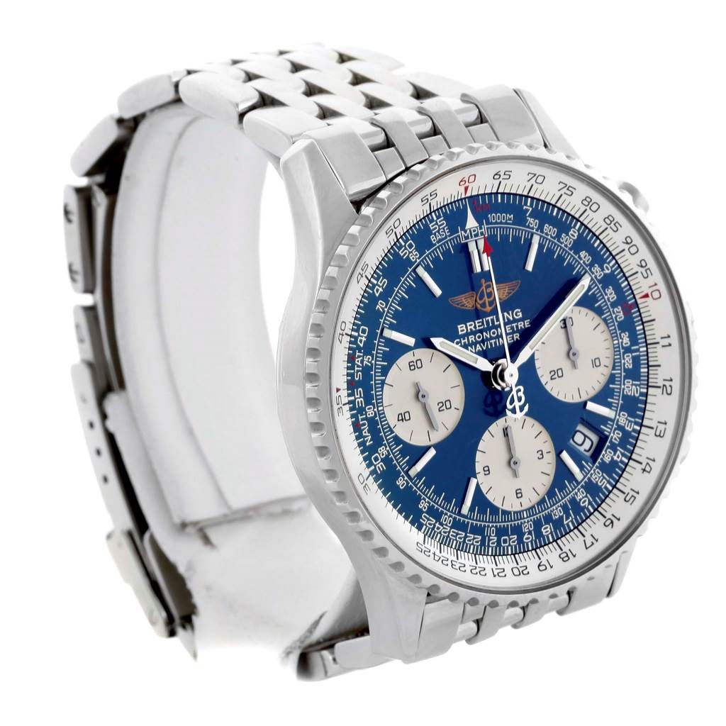 The image shows a side view of a Breitling Navitimer A23322 Men's Stainless Steel Blue Dial A23322 Men's Stainless Steel Blue Dial watch, highlighting its blue dial, chronograph subdials, and stainless steel bracelet.