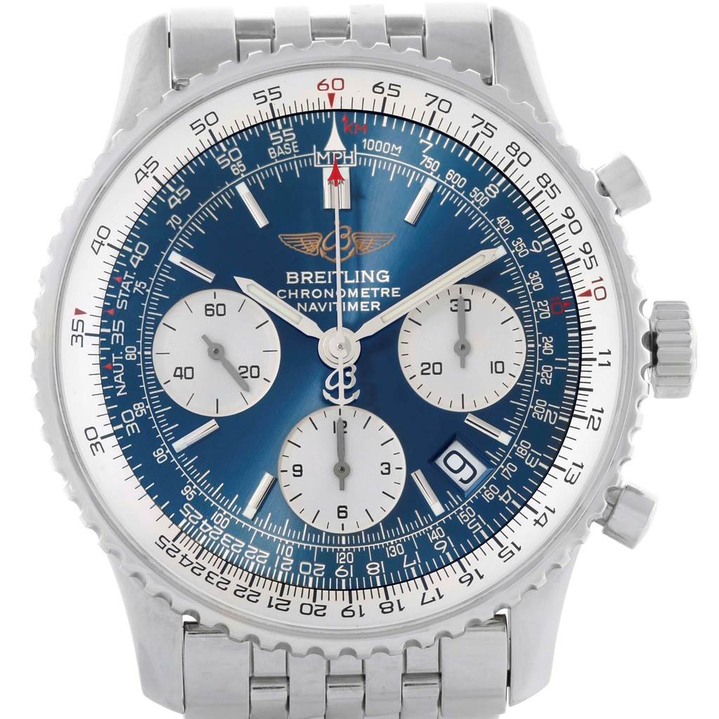 This is a frontal view of a Breitling Navitimer A23322 Men's Stainless Steel Blue Dial A23322 Men's Stainless Steel Blue Dial watch, showing the dial, bezel, subdials, and part of the bracelet.