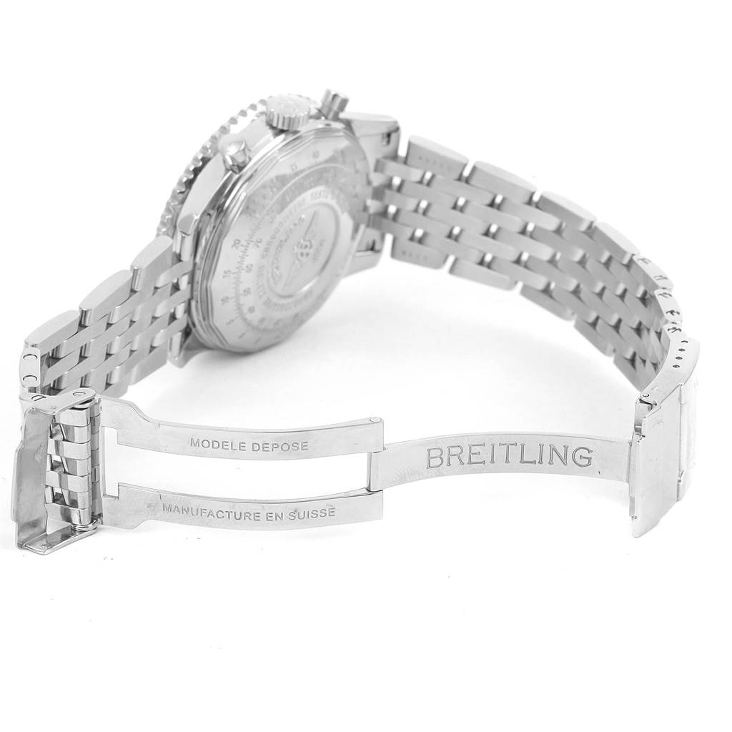 The image shows the back and bracelet clasp of a Breitling Navitimer A23322 Men's Stainless Steel Blue Dial A23322 Men's Stainless Steel Blue Dial watch, photographed from a three-quarter rear angle.