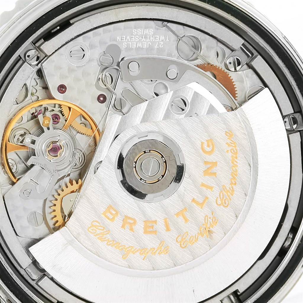 This image shows the intricate movement of a Breitling Navitimer A23322 Men's Stainless Steel Blue Dial A23322 Men's Stainless Steel Blue Dial watch, focusing on its internal gears and mechanics.