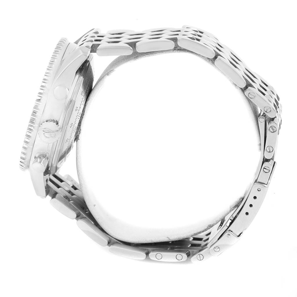 The image shows a side view of a Breitling Navitimer A23322 Men's Stainless Steel Blue Dial A23322 Men's Stainless Steel Blue Dial watch, highlighting the case and metal bracelet.