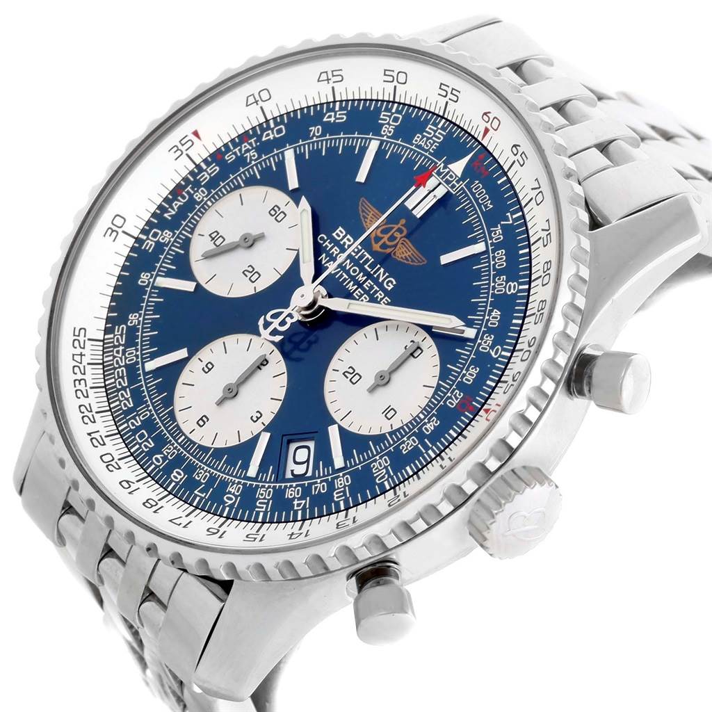 The Breitling Navitimer A23322 Men's Stainless Steel Blue Dial A23322 Men's Stainless Steel Blue Dial watch is shown at an angled close-up, highlighting the dial, bezel, crown, and pushers.