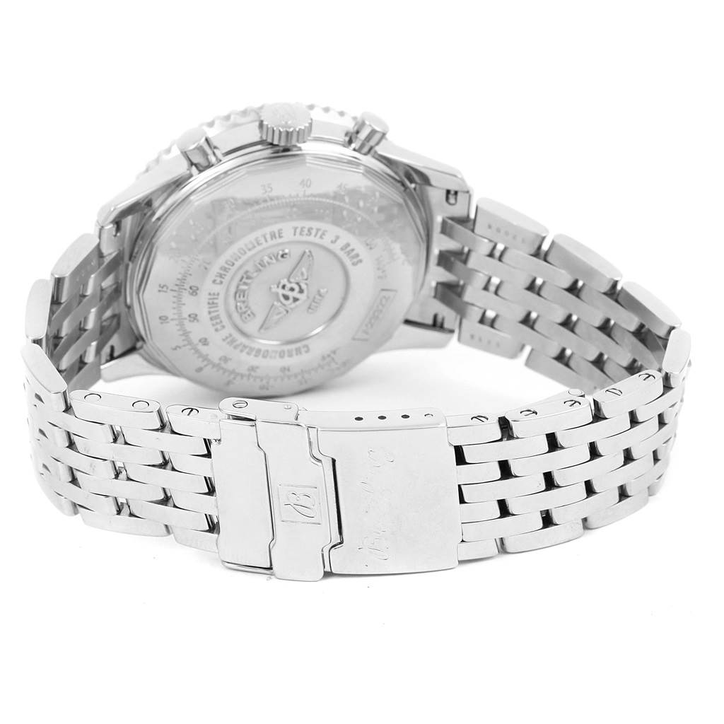 The image shows the back and bracelet of a Breitling Navitimer A23322 Men's Stainless Steel Blue Dial A23322 Men's Stainless Steel Blue Dial watch from a rear angle.
