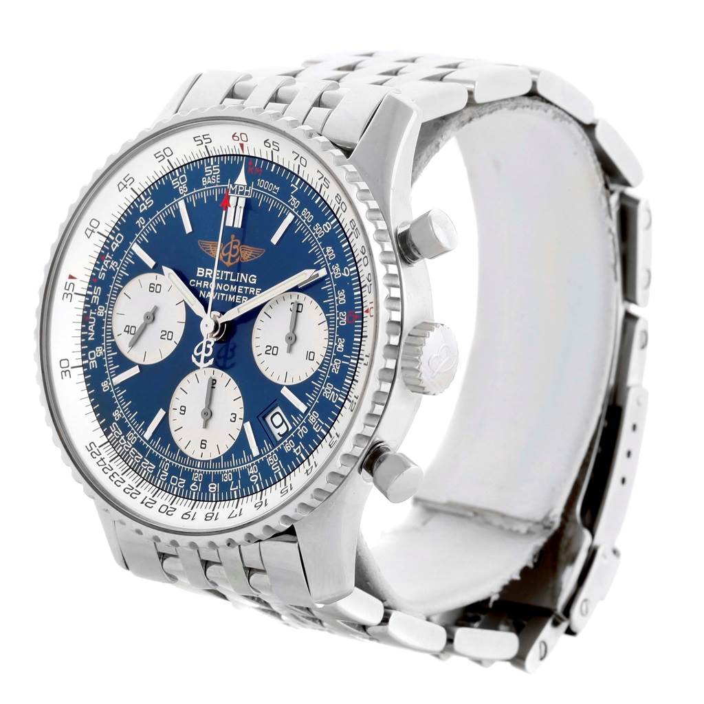 The Breitling Navitimer A23322 Men's Stainless Steel Blue Dial A23322 Men's Stainless Steel Blue Dial watch is shown at a three-quarter angle, displaying its face, bezel, crown, pushers, and bracelet.