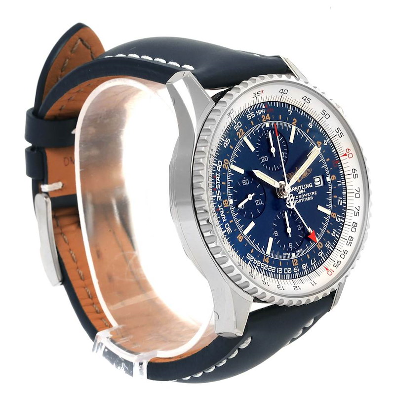 The image shows a side view of a Breitling Navitimer watch, highlighting the face, case, and part of the strap.