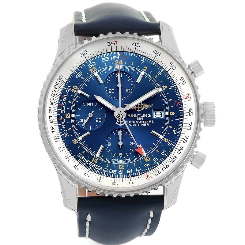 Breitling Navitimer World GMT Steel Blue Dial Watch A24322 Unworn SwissWatchExpo