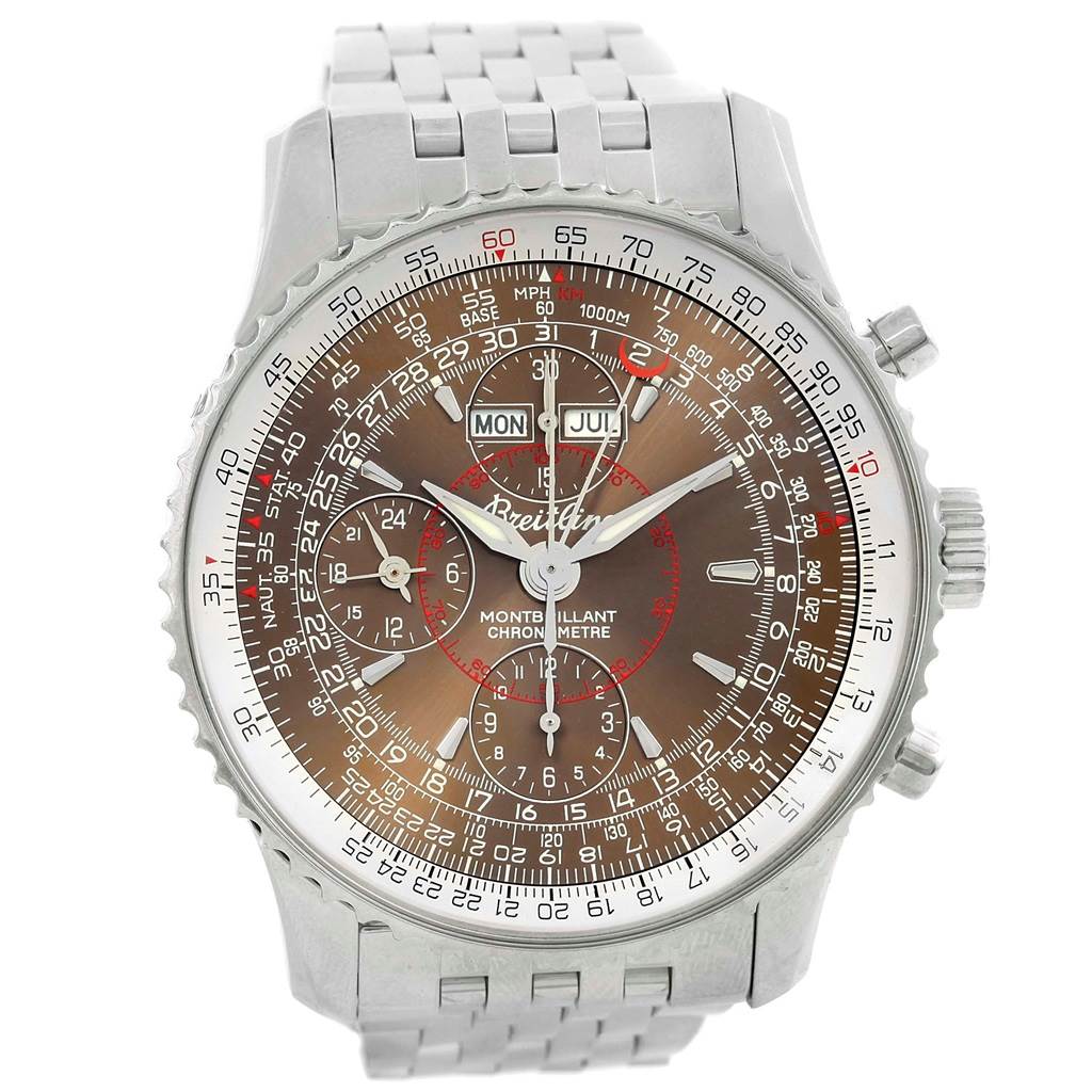 This image shows a front view of the Breitling Navitimer A21330 Men
s Stainless Steel Brown Dial A21330 Men
s Stainless Steel Brown Dial, displaying the dial, bezel, three sub-dials, and metal bracelet.