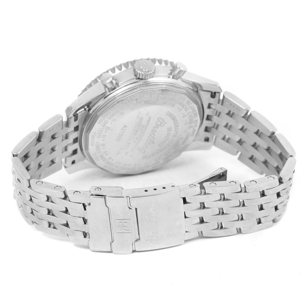 The image shows the back and stainless steel bracelet of a Breitling Navitimer A21330 Men
s Stainless Steel Brown Dial A21330 Men
s Stainless Steel Brown Dial watch at an angled view.