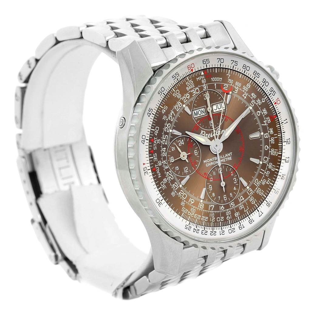 The image shows a side angle view of the Breitling Navitimer A21330 Men
s Stainless Steel Brown Dial A21330 Men
s Stainless Steel Brown Dial watch, highlighting its face, bezel, and metal strap.