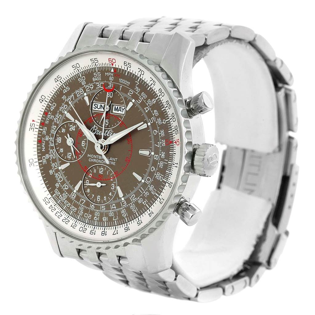 The Navitimer by Breitling is shown at a front angle, detailing the dial, bezel, pushers, and metal bracelet.