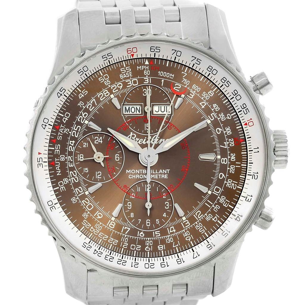 The image shows the face and stainless steel bracelet of a Breitling Navitimer A21330 Men
s Stainless Steel Brown Dial A21330 Men
s Stainless Steel Brown Dial Montbrillant Chronometer, viewed from the front.