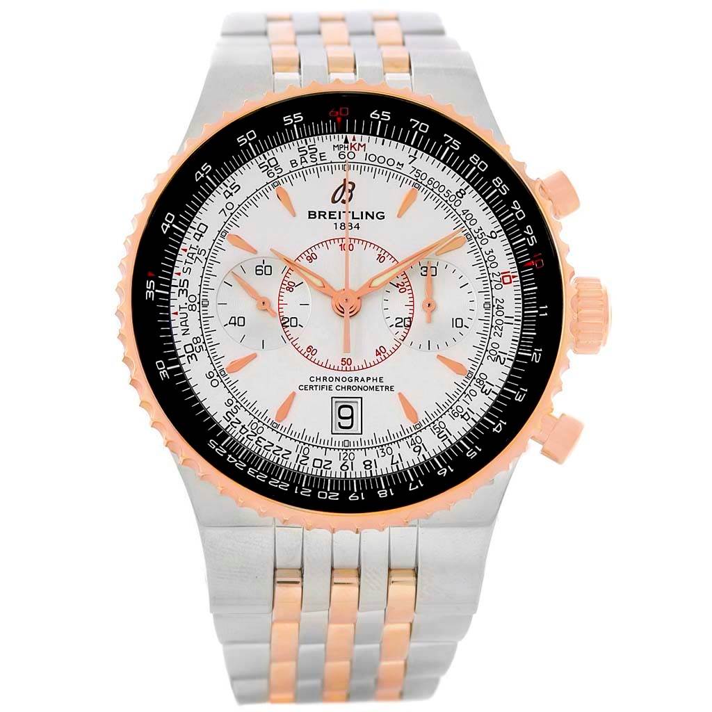 This image shows a front view of a Breitling Navitimer C23340 Men's Steel and Gold (two tone) Silver Dial C23340 Men's Steel and Gold (two tone) Silver Dial watch featuring its dial, chronograph subdials, and a two-tone bracelet.