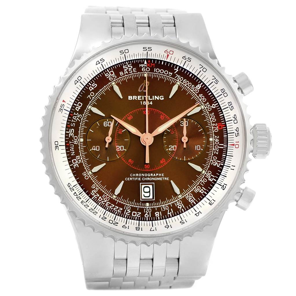 This image shows a close-up view of the Breitling Navitimer A23340 Men
s Stainless Steel Brown Dial A23340 Men
s Stainless Steel Brown Dial watch
s face, bezel, and part of its metal bracelet.