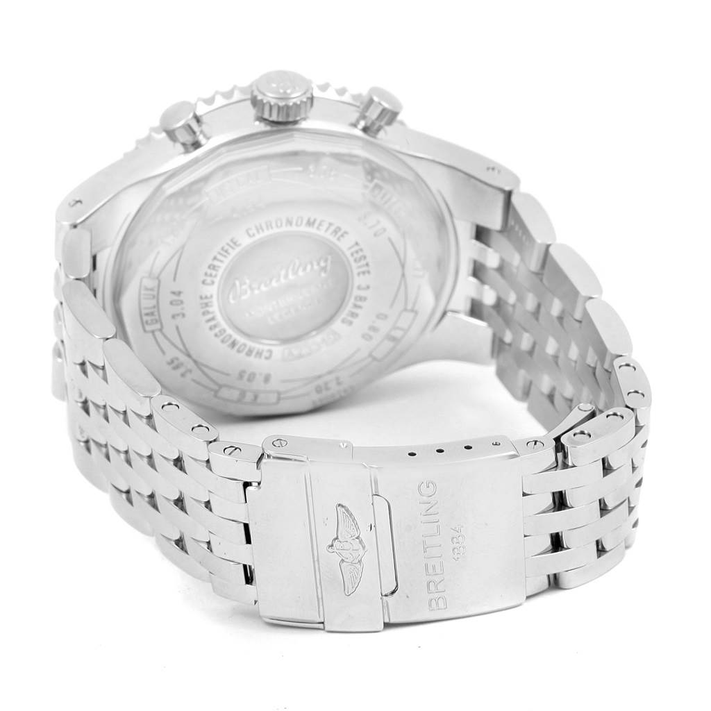 The image shows the back case and bracelet of a Breitling Navitimer A23340 Men
s Stainless Steel Brown Dial A23340 Men
s Stainless Steel Brown Dial watch, including the clasp with the Breitling logo.