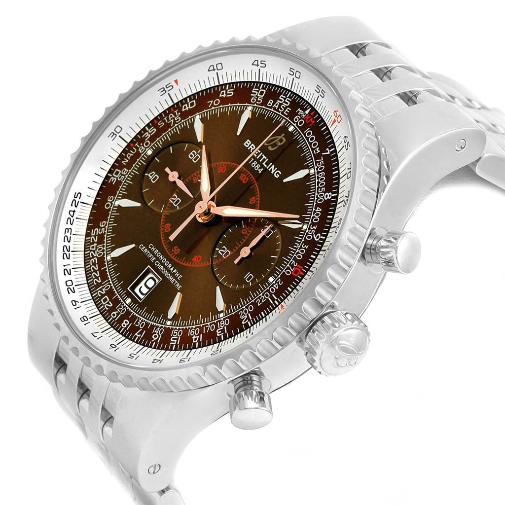 The image shows a side angle of the Breitling Navitimer A23340 Men
s Stainless Steel Brown Dial A23340 Men
s Stainless Steel Brown Dial watch, highlighting its brown dial, bezel, crown, pushers, and part of the steel bracelet.