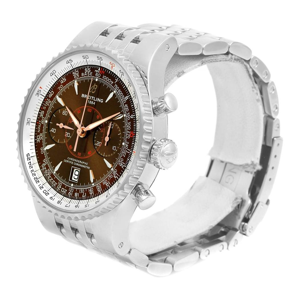 The image shows a side angle of the Breitling Navitimer A23340 Men
s Stainless Steel Brown Dial A23340 Men
s Stainless Steel Brown Dial watch, showcasing its bezel, crown, chronograph pushers, and bracelet.