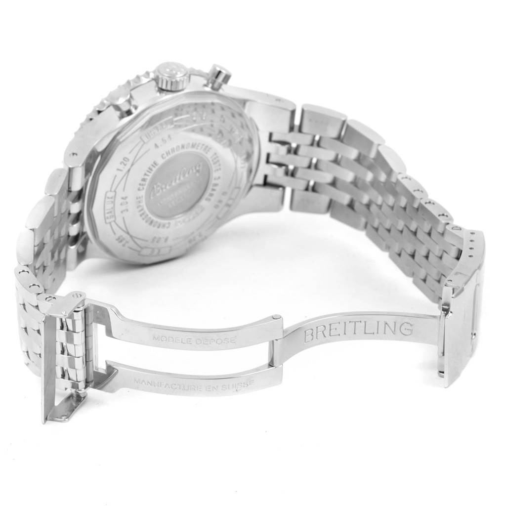 The image shows the back case and part of the bracelet, including the clasp, of a Breitling Navitimer A23340 Men
s Stainless Steel Brown Dial A23340 Men
s Stainless Steel Brown Dial watch.