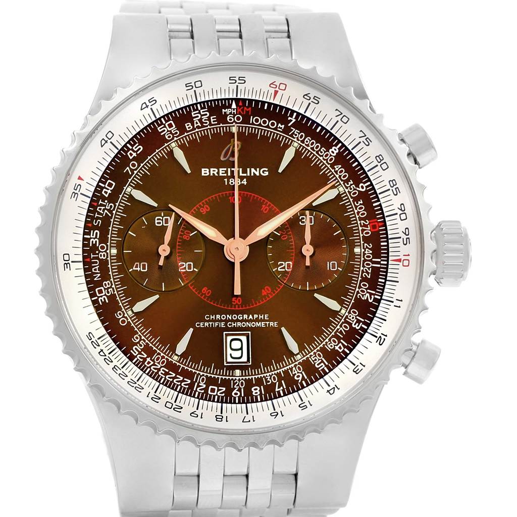 This is a front-facing view of a Breitling Navitimer A23340 Men
s Stainless Steel Brown Dial A23340 Men
s Stainless Steel Brown Dial watch, showing its dial, bezel, and stainless steel bracelet.