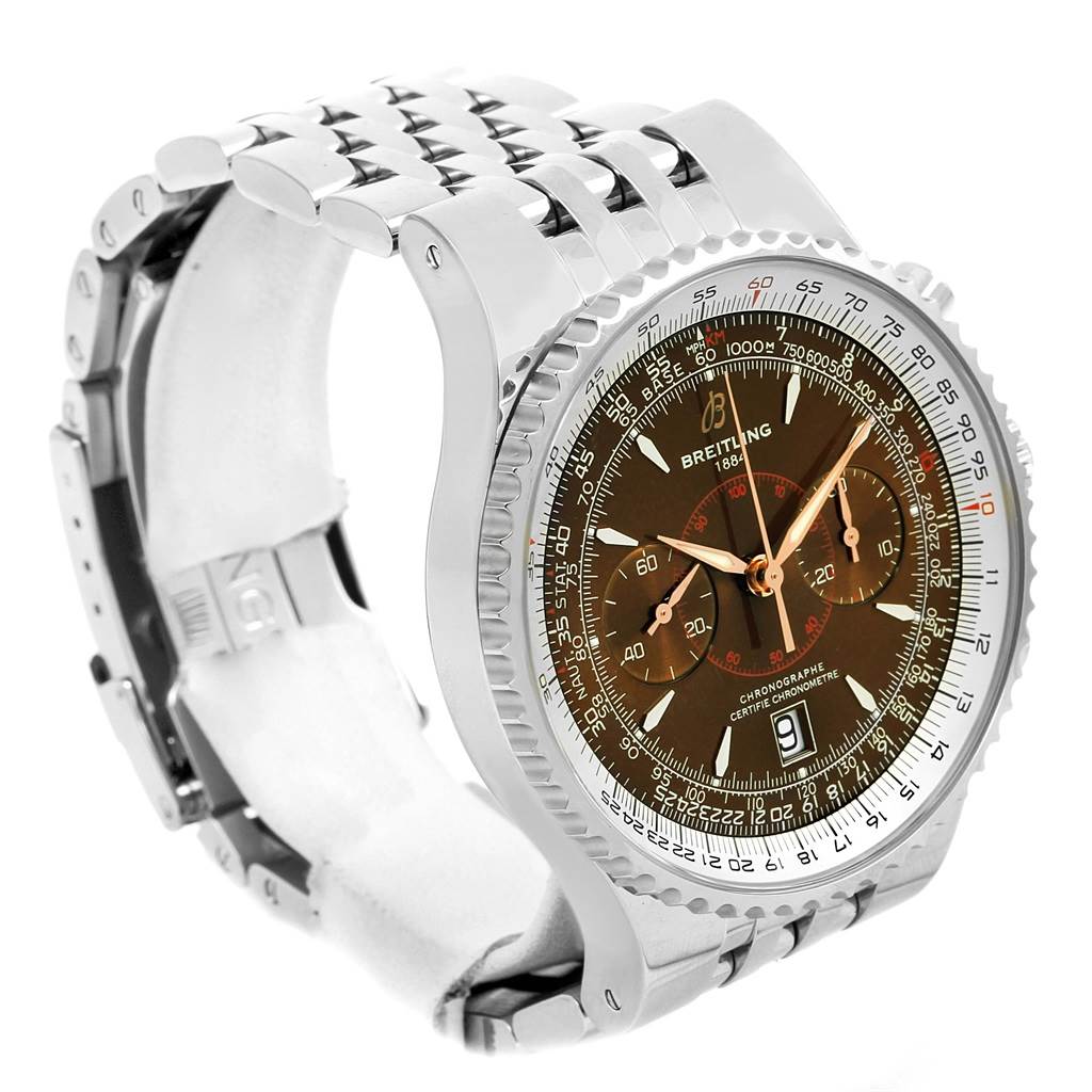 The Breitling Navitimer A23340 Men
s Stainless Steel Brown Dial A23340 Men
s Stainless Steel Brown Dial watch is shown at a three-quarter angle displaying the case, dial, bezel, and part of the bracelet.