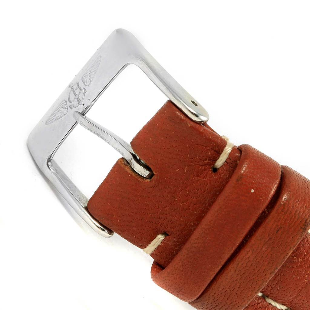 The image shows the clasp and part of the leather strap of a Breitling Navitimer D30022 Men's Stainless Steel Silver Dial D30022 Men's Stainless Steel Silver Dial watch.
