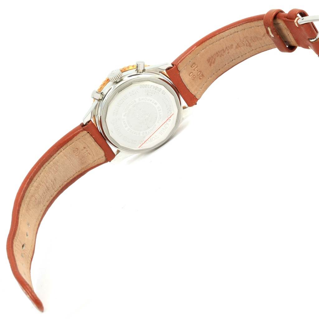 The image shows the back case and leather strap of a Breitling Navitimer D30022 Men's Stainless Steel Silver Dial D30022 Men's Stainless Steel Silver Dial watch from a rear angle.