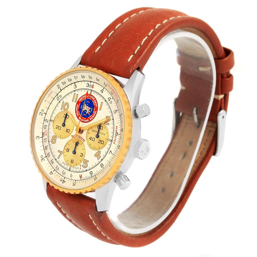 This Breitling Navitimer D30022 Men's Stainless Steel Silver Dial D30022 Men's Stainless Steel Silver Dial watch is shown at an angle, highlighting its face, bezel, crown, pushers, and leather strap.