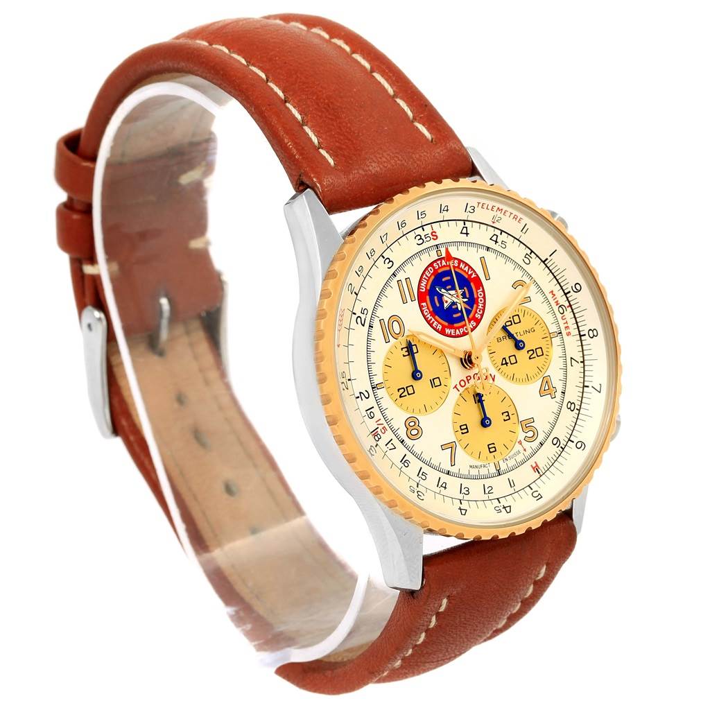 The image shows a Breitling Navitimer D30022 Men's Stainless Steel Silver Dial D30022 Men's Stainless Steel Silver Dial watch at a side angle with a brown leather strap and detailed dial.