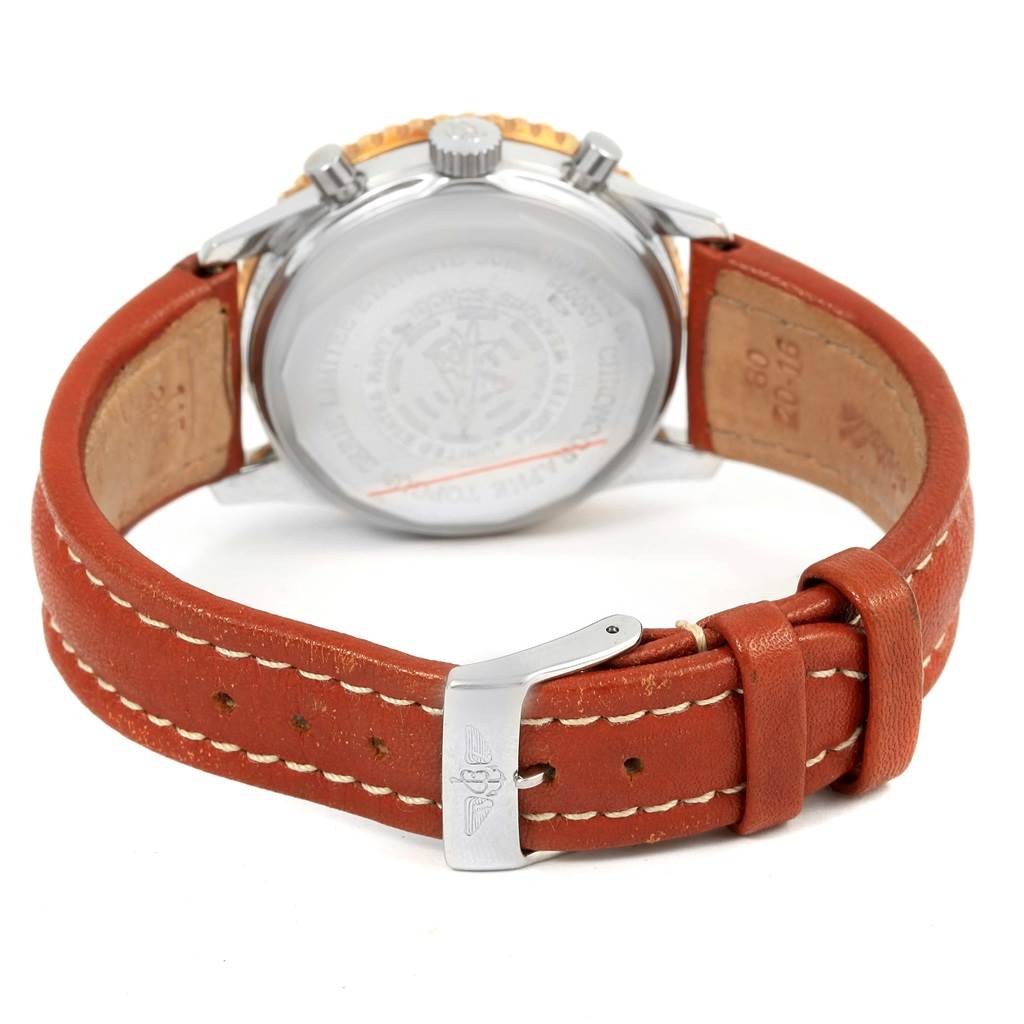 This image shows the back and buckle of a Breitling Navitimer D30022 Men's Stainless Steel Silver Dial D30022 Men's Stainless Steel Silver Dial watch with a brown leather strap.