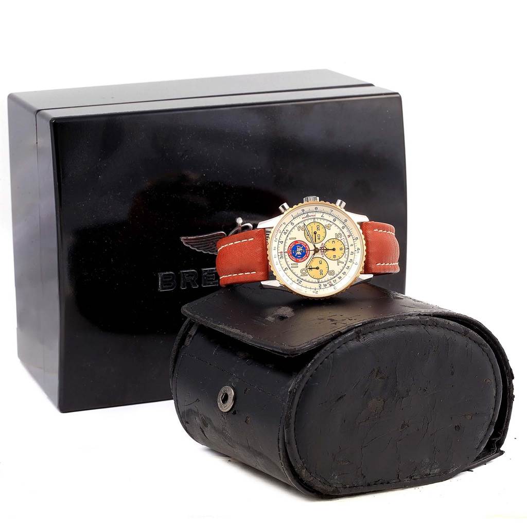 The image shows a Breitling Navitimer D30022 Men's Stainless Steel Silver Dial D30022 Men's Stainless Steel Silver Dial watch with a brown leather strap, displayed on a black leather case with a Breitling box in the background.