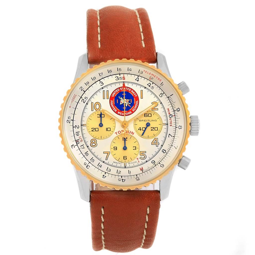 The image shows a front view of a Breitling Navitimer D30022 Men's Stainless Steel Silver Dial D30022 Men's Stainless Steel Silver Dial watch with a brown leather strap and three yellow sub-dials.