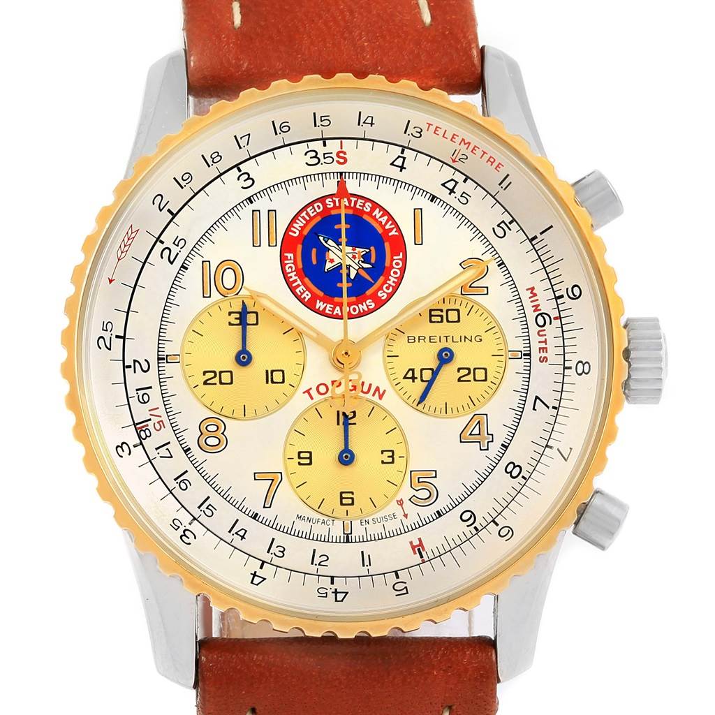 The image shows a close-up of the face of a Breitling Navitimer D30022 Men's Stainless Steel Silver Dial D30022 Men's Stainless Steel Silver Dial watch, including its bezel, sub-dials, and leather strap.