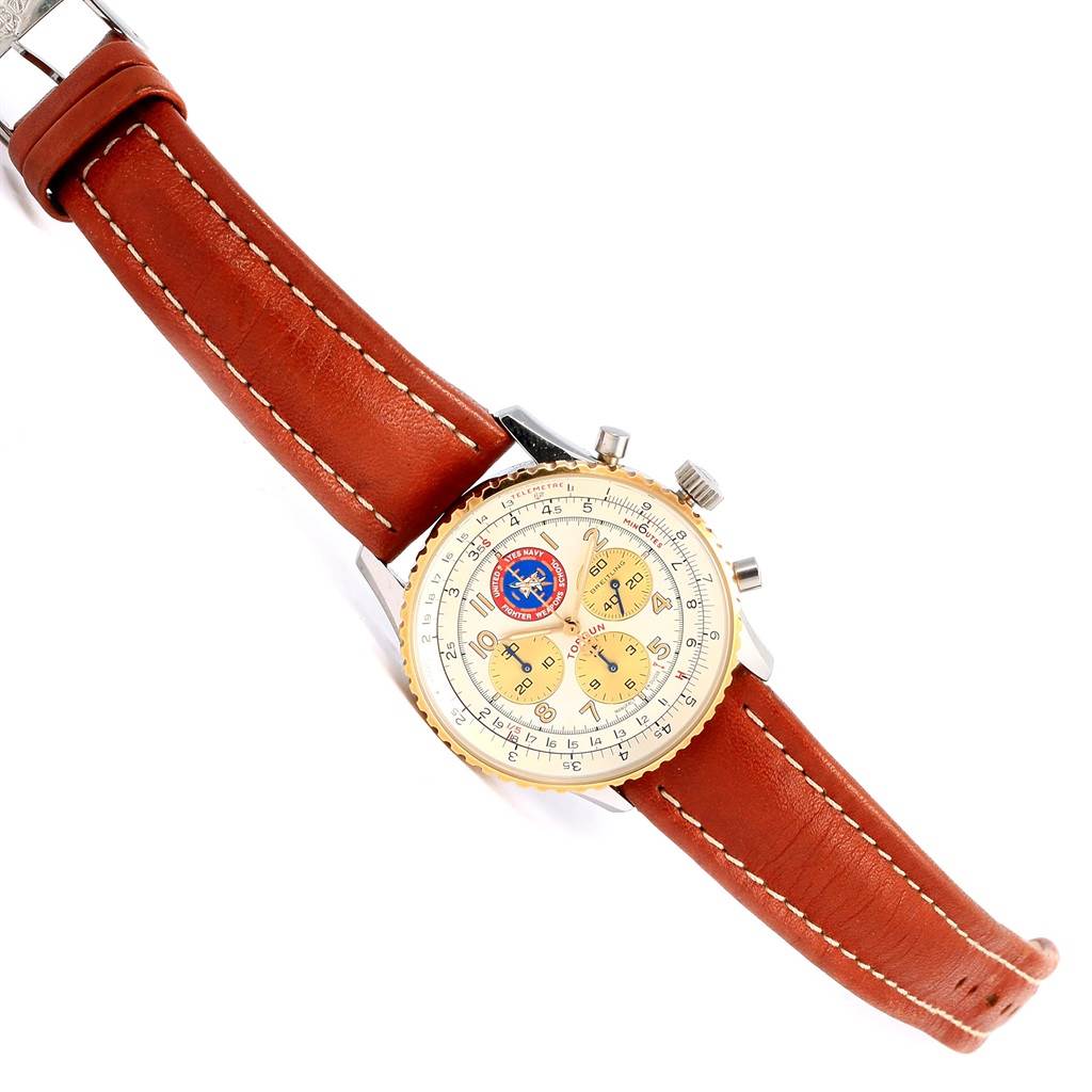 The Breitling Navitimer D30022 Men's Stainless Steel Silver Dial D30022 Men's Stainless Steel Silver Dial watch is shown at an angled, top-down view, displaying the face, bezel, crown, and leather strap.