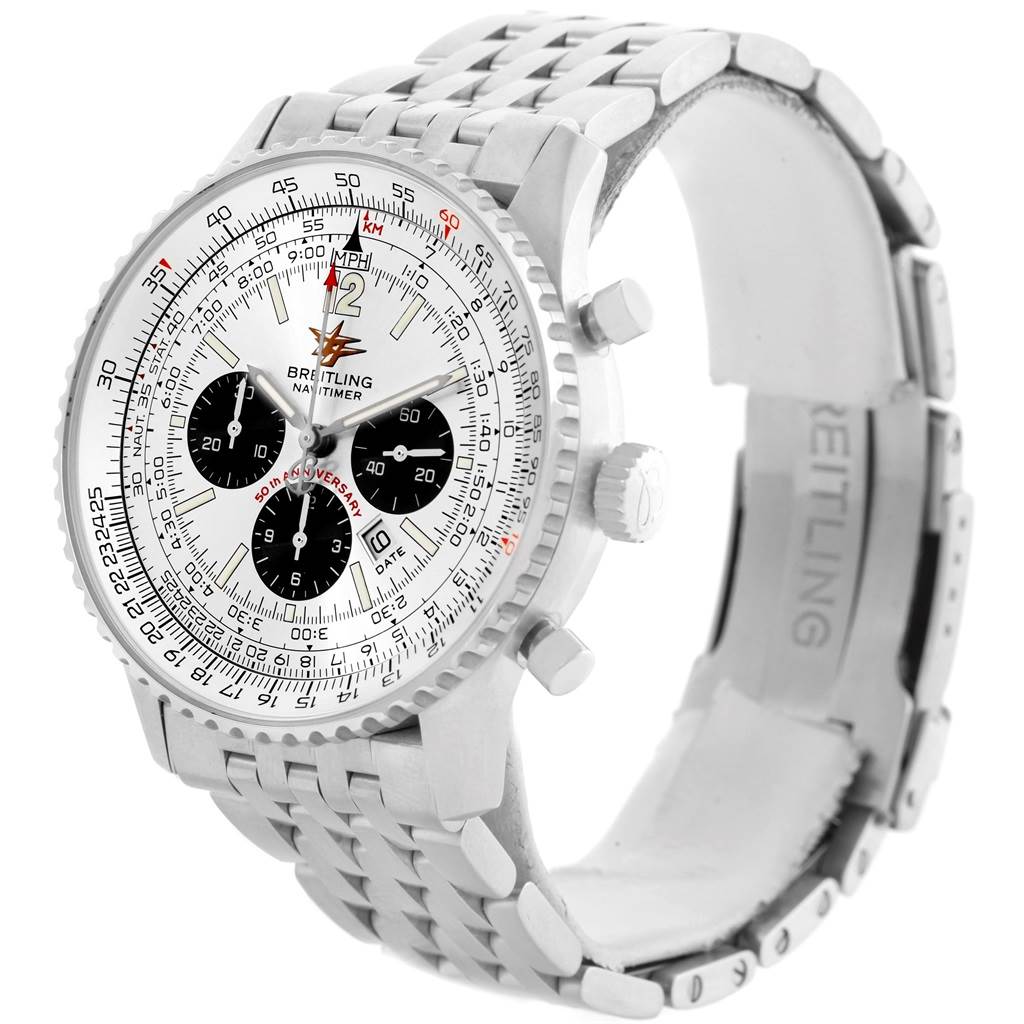 This image shows a Breitling Navitimer A41322 Men's Stainless Steel Silver Dial A41322 Men's Stainless Steel Silver Dial watch at a three-quarter angle, displaying the face, bezel, chronograph subdials, and metal bracelet.