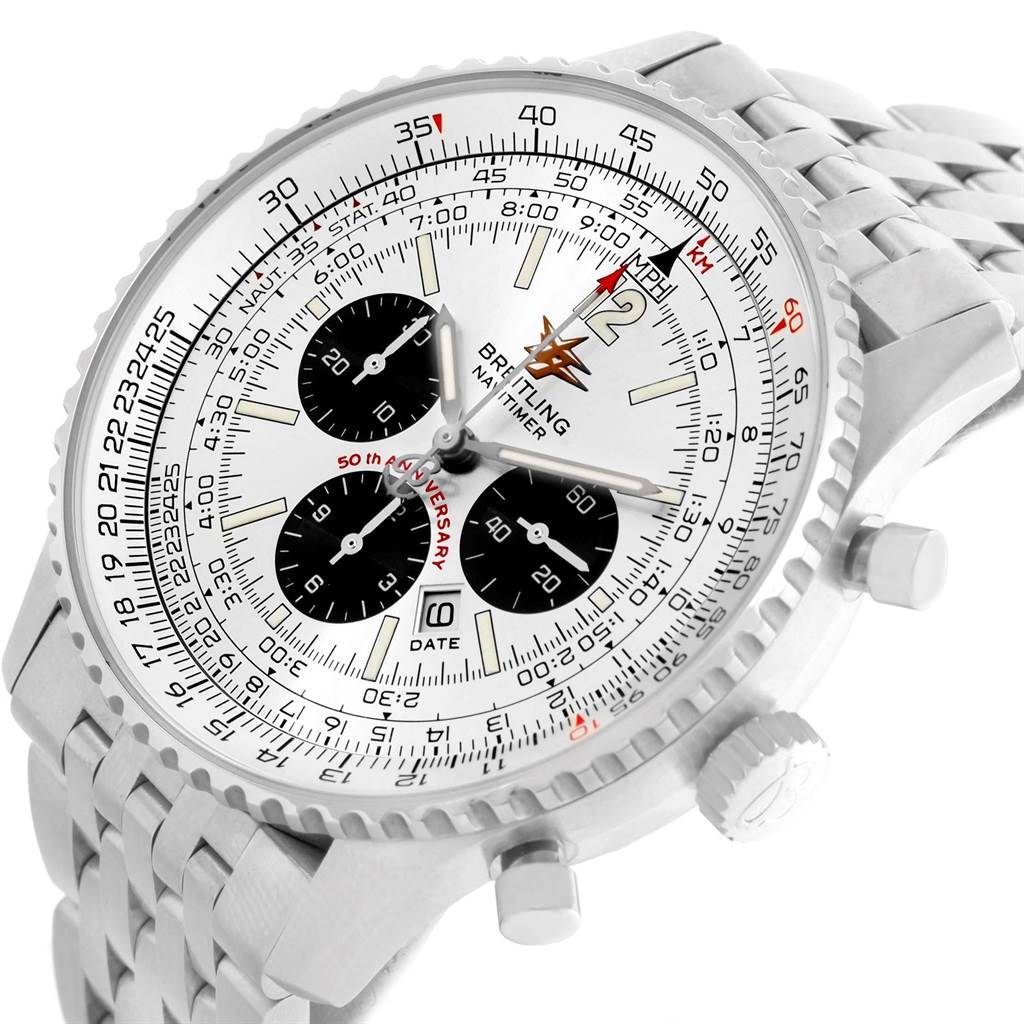 The image shows a close-up angled view of the dial, bezel, and bracelet of a Breitling Navitimer A41322 Men's Stainless Steel Silver Dial A41322 Men's Stainless Steel Silver Dial watch.