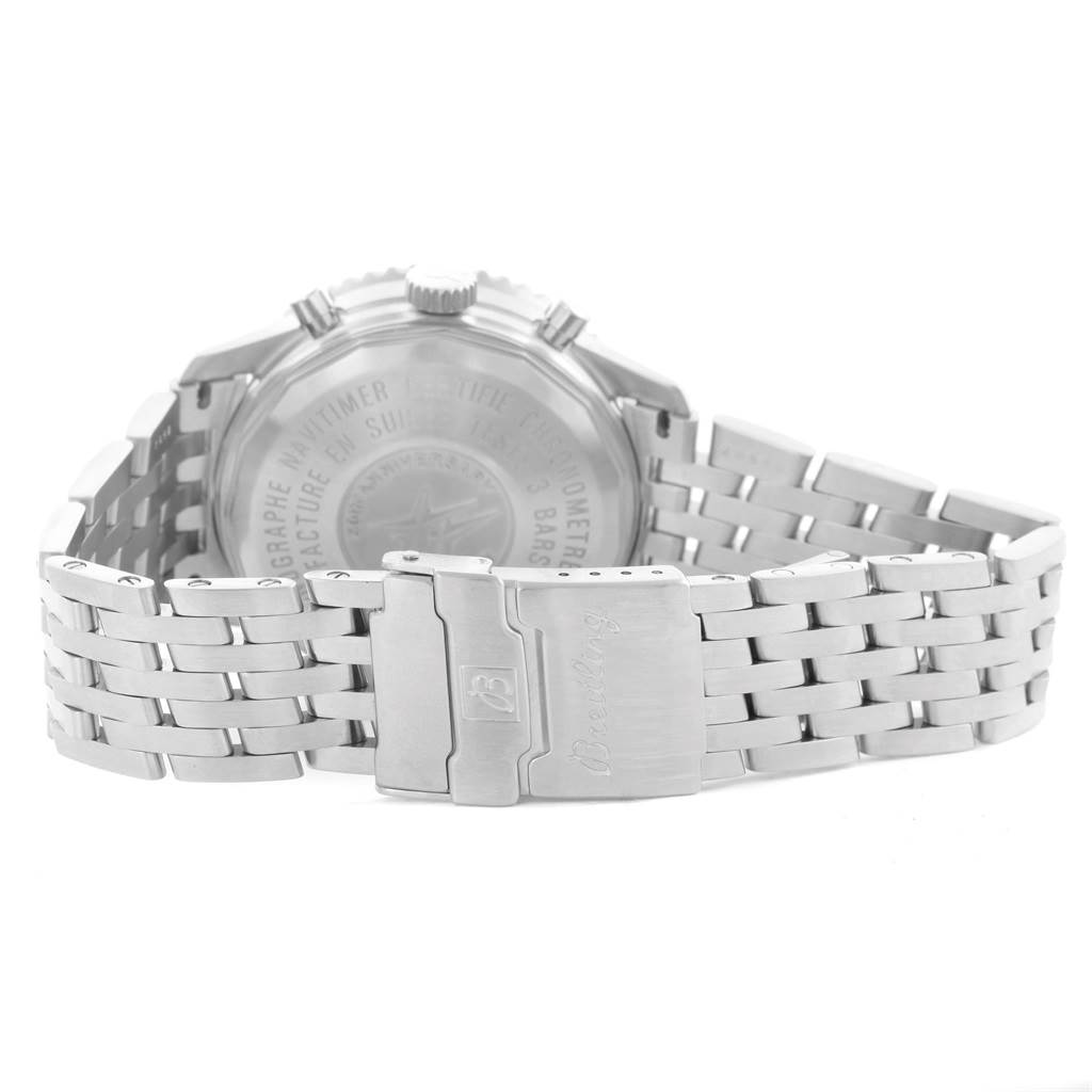 This image shows the back view of a Breitling Navitimer A41322 Men's Stainless Steel Silver Dial A41322 Men's Stainless Steel Silver Dial watch, highlighting the case back and metal bracelet.